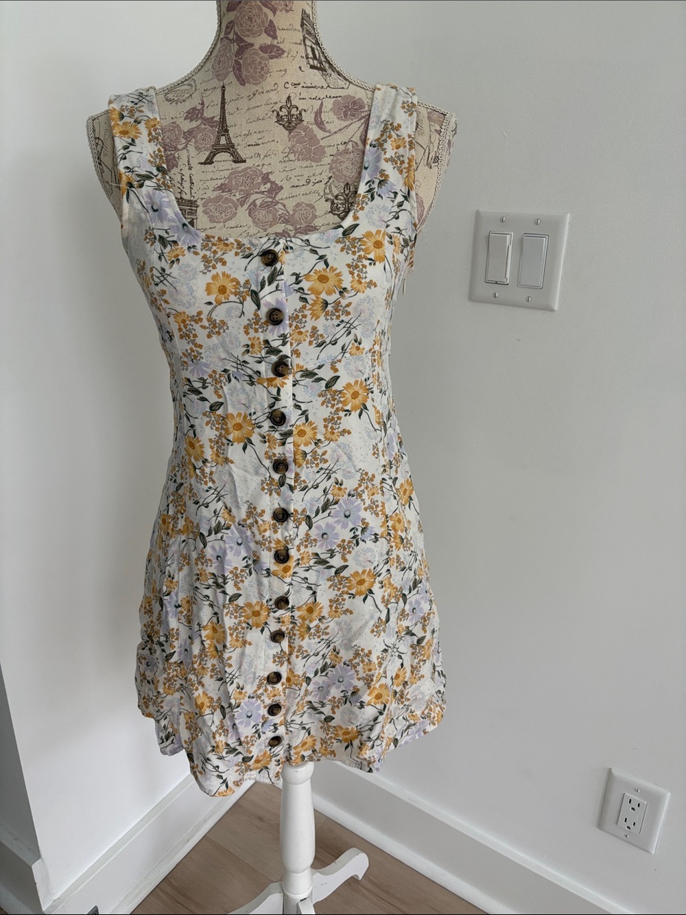 American Eagle Outfitters White Mini Dress with Yellow Floral Print